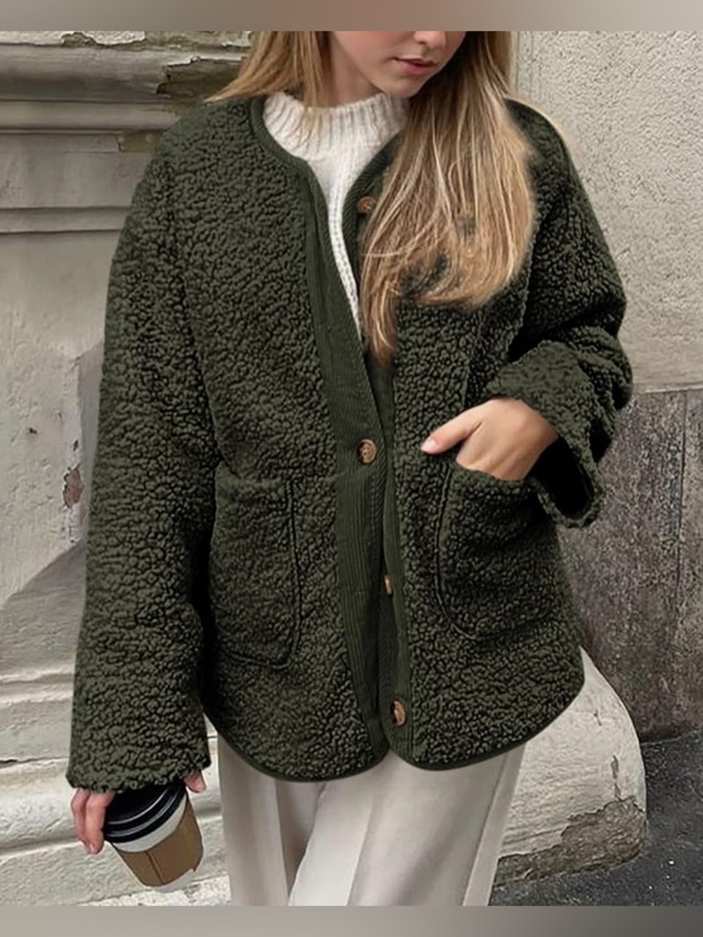 NWT-Large fleece oversized Cozy Olive Sherpa Jacket - Women's Button-Front Coat
